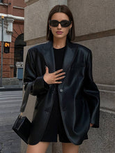 Aurohaya Women's Faux Leather Blazer with Buttons and Pockets